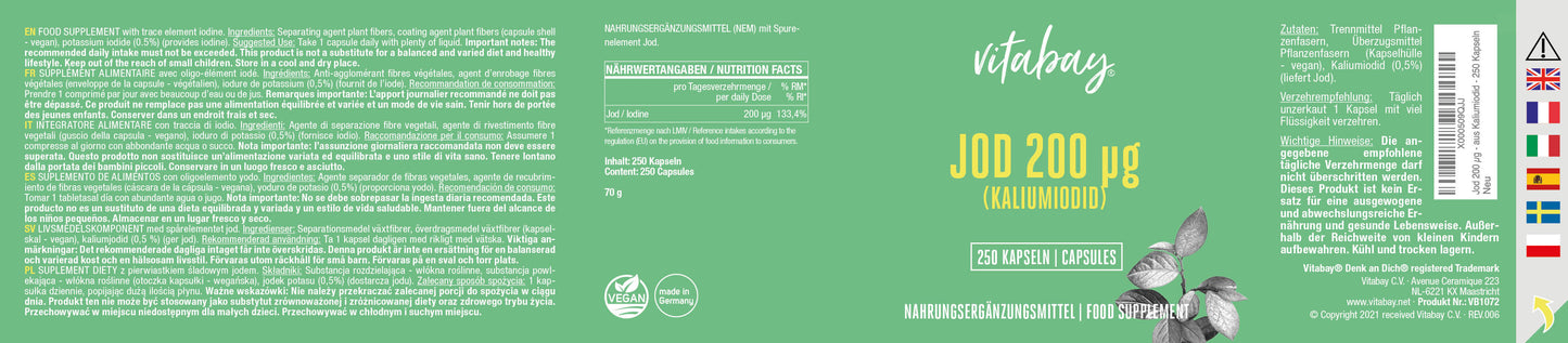 Jod 200 µg aus Kaliumiodid - 250 vegane Kapseln