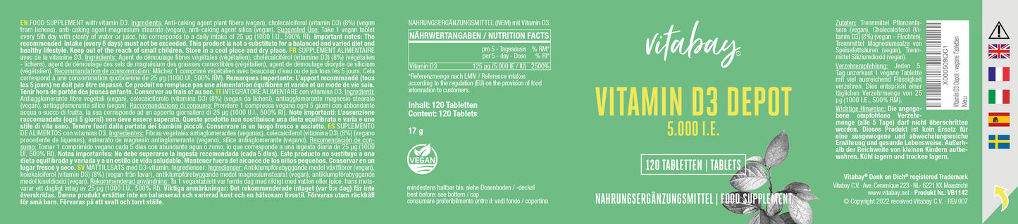 Vitamin D3 Depot 5.000 I.E. - 120 vegane Tabletten
