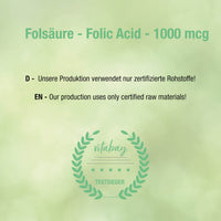 Folsäure - Folic Acid - 1000 mcg - 240 vegane Tabletten