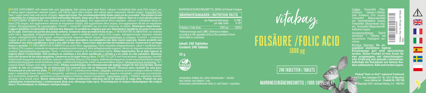 Folsäure - Folic Acid - 1000 mcg - 240 vegane Tabletten