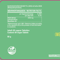 MSM (Methylsulfonylmethan) 1000 mg - organischer Schwefel - 60 vegane Tabletten