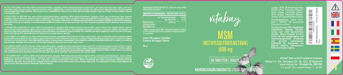 MSM (Methylsulfonylmethan) 1000 mg - organischer Schwefel - 60 vegane Tabletten
