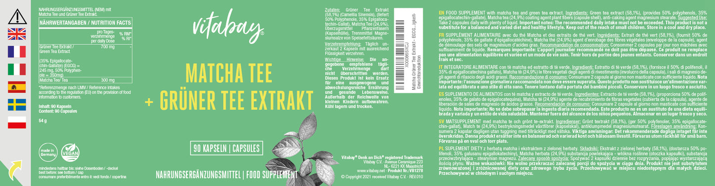 Matcha Tee + Grüner Tee Extrakt - 90 vegane Kapseln