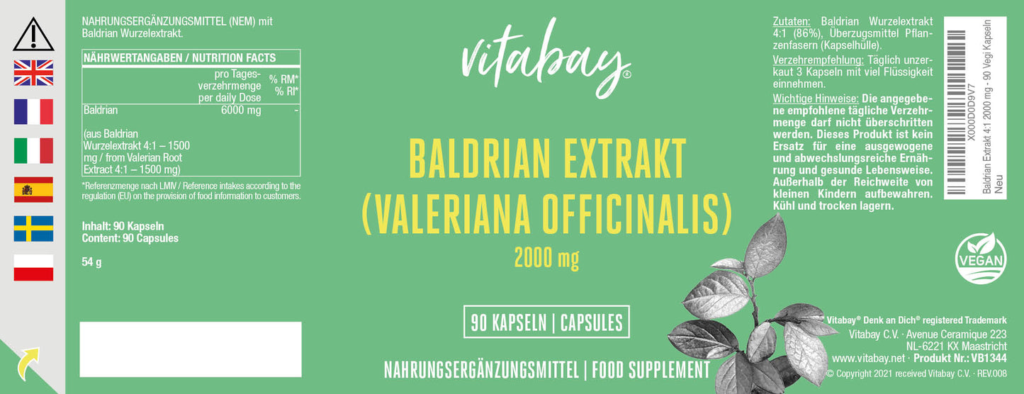 Baldrian Extrakt 2000 mg - 90 vegane Kapseln