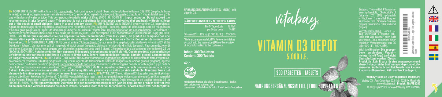 Vitamin D3 Depot 5.000 I.E. - 300 vegane Tabletten
