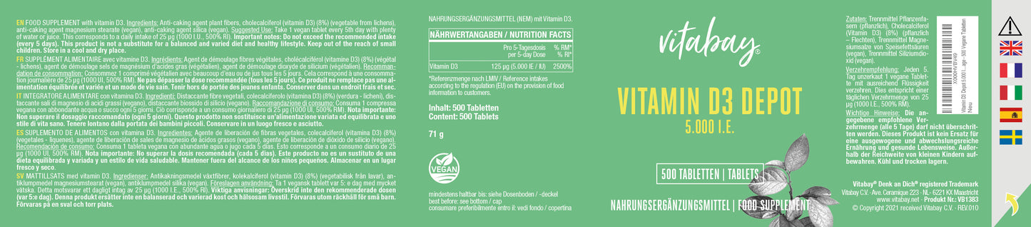 Vitamin D3 Depot 5.000 I.E. - 500 vegane Tabletten