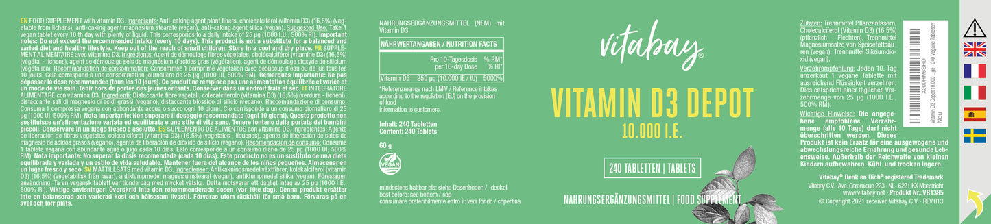 Vitamin D3 Depot 10.000 I.E. - 240 vegane Tabletten
