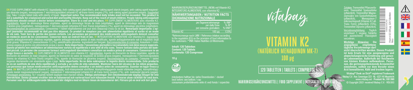 Vitamin K2 100 µg  - 120 vegane Tabletten