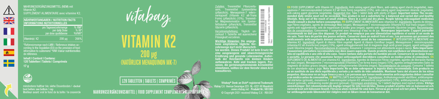 Vitamin K2 MK-7 200 µg  - 120 vegane Tabletten