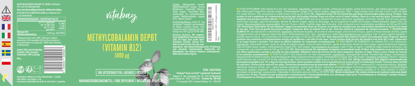 Vitamin B12 Depot 5000 mcg - 240 vegane Lutschtabletten