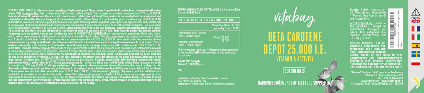 Beta Carotin 25.000 I.E. Depot - 180 vegane Softgels