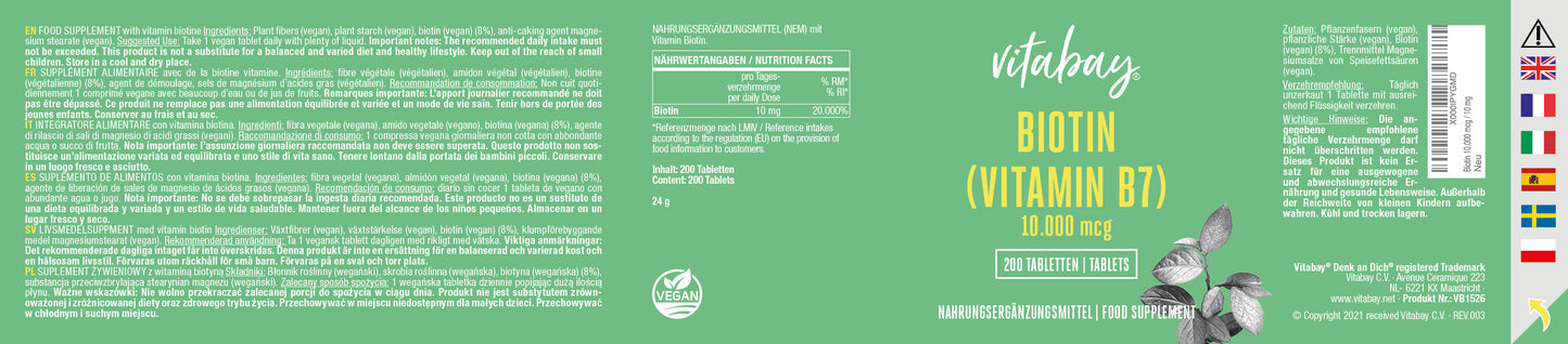 Biotin (Vitamin B7) 10.000 mcg  - 200 vegane Tabletten