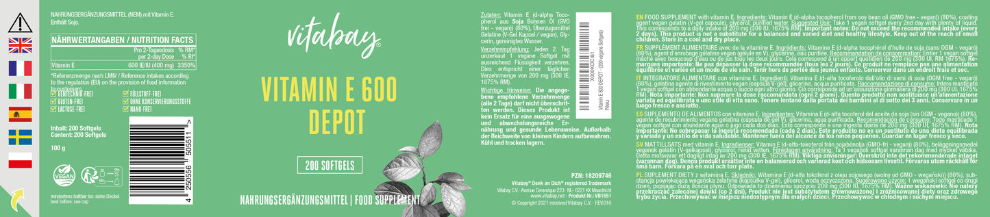 Vitamin E 600 I.E. Depot - 200 vegane Softgels