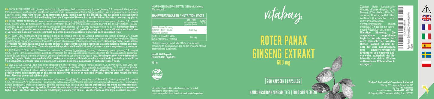 Roter Panax Ginseng Extrakt 600 mg  200 vegane Kapseln