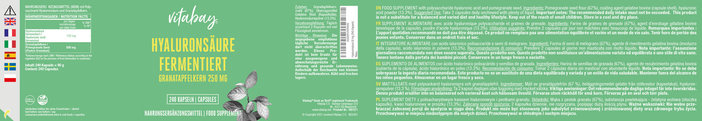 Hyaluronsäure fermentiert mit Granatapfelkern 250 mg - 240 Kapseln