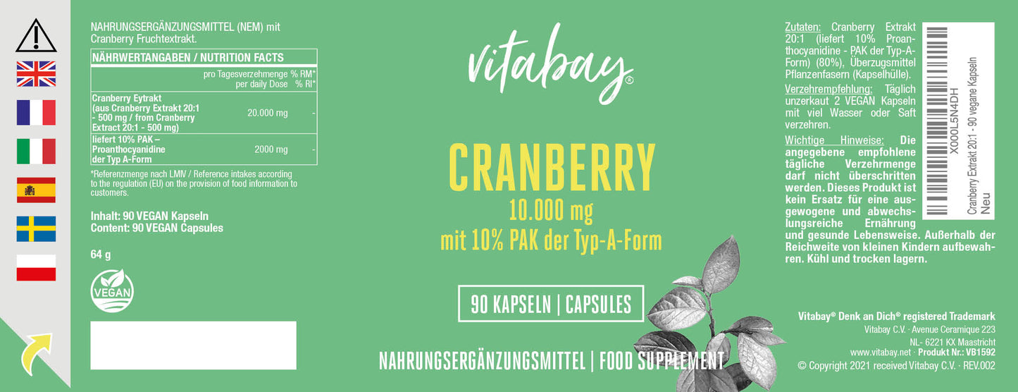 Cranberry Extrakt 10.000 mg  mit 10% PAC (Proanthocyanididen) - 90 vegane Kapseln