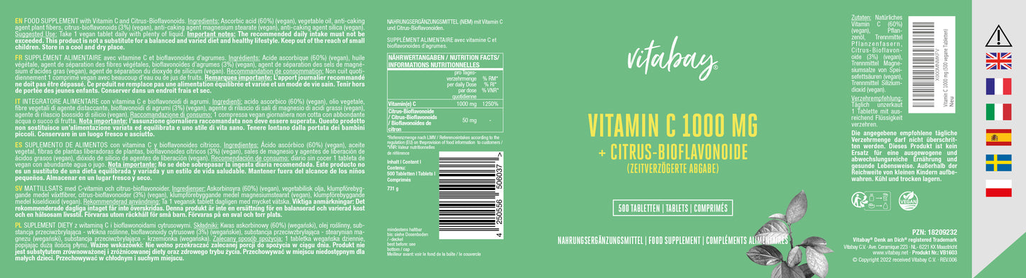 Vitamin C 1000 mg + Bioflavonoide (Time Released ) - 500 Vegane Tabletten
