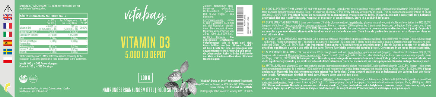 Vitamin D3 Depot 5.000 I.E. - 100g veganes Pulver