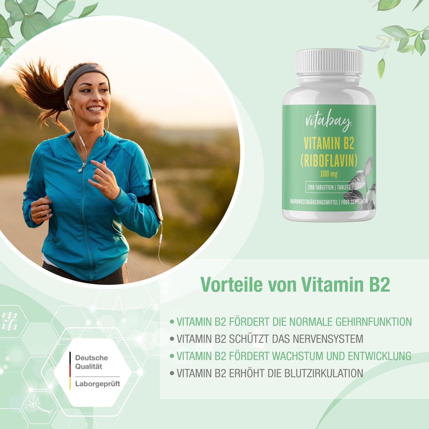 Vitamin B2 Riboflavin 100 mg  - 200 vegane Tabletten