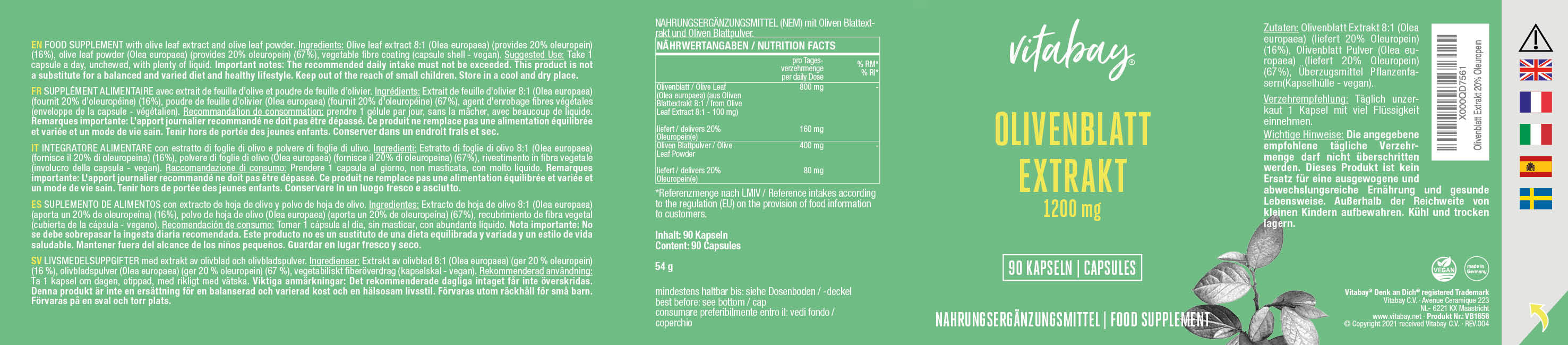 Olivenblatt Extrakt 1200 mg - 90 vegane Kapseln