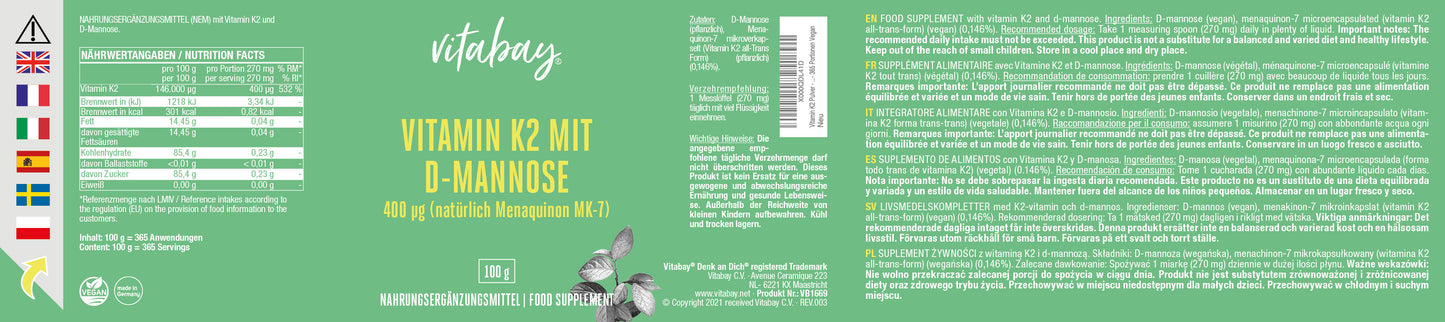 Vitamin K2 Pulver - 400 µg hochdosiert - 365 Portionen Vegan (mit D-Mannose)