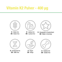 Vitamin K2 Pulver - 400 µg hochdosiert - 365 Portionen Vegan (mit D-Mannose)