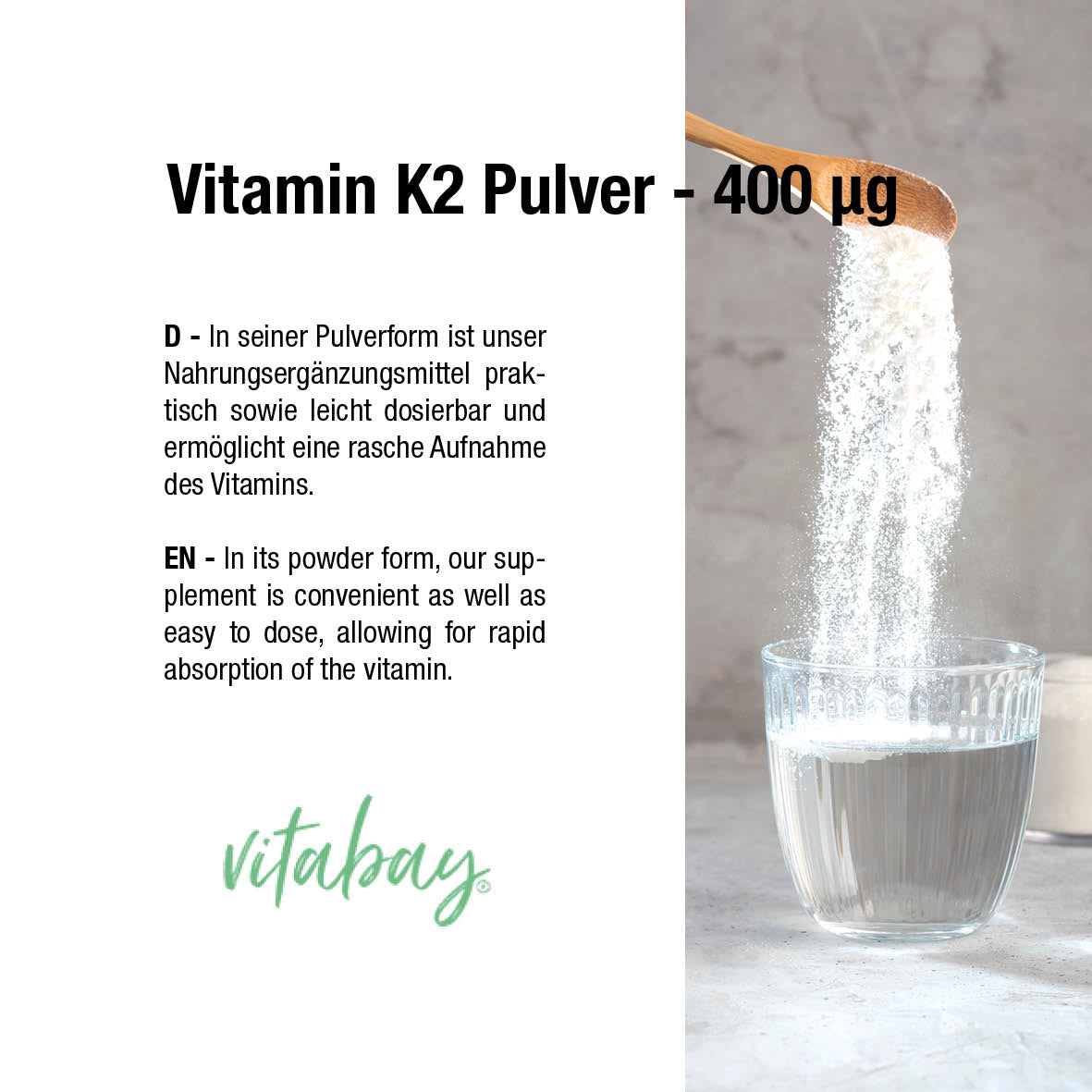 Vitamin K2 Pulver - 400 µg hochdosiert - 365 Portionen Vegan (mit D-Mannose)