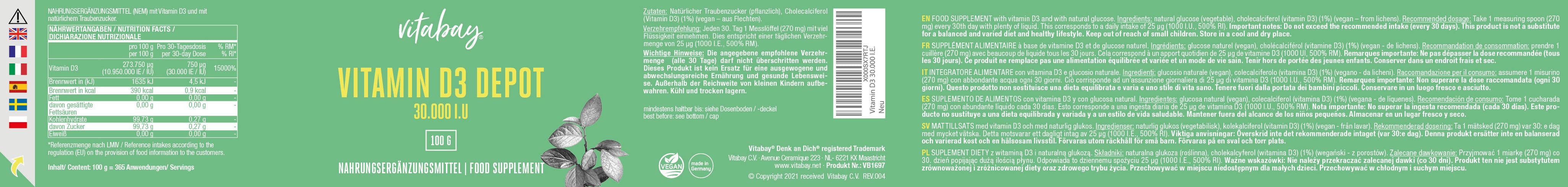Vitamin D3 30.000 I.E. Depot - 100g veganes Pulver aus Flechten