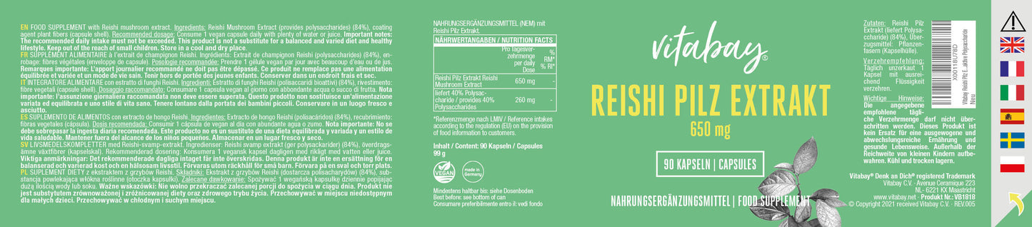 Reishi Pilz Extrakt  500 mg - 90 vegane Kapseln