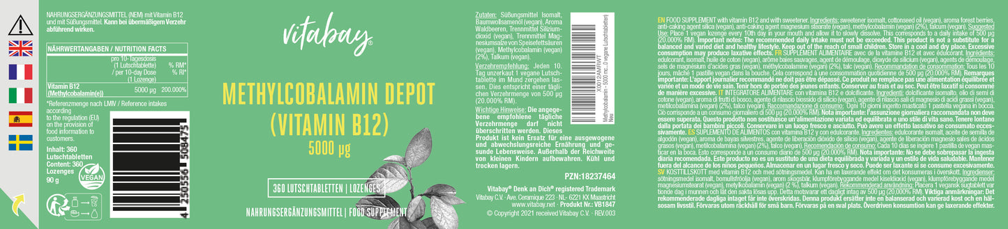 Vitamin B12 Depot 5000 mcg 360 Vegane Lutschtabletten