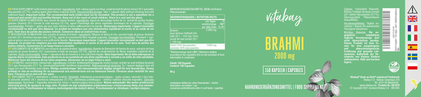 Brahmi Extrakt 2000 mg - 150 vegane Kapseln