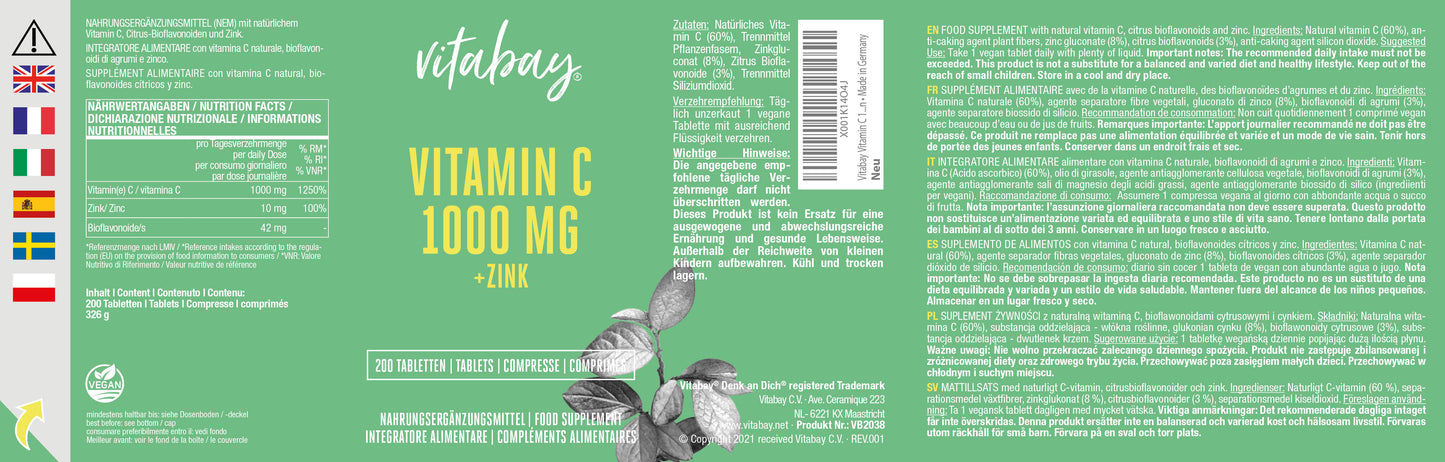 Vitamin C 1000 mg + Zink - 200 vegane Tabletten