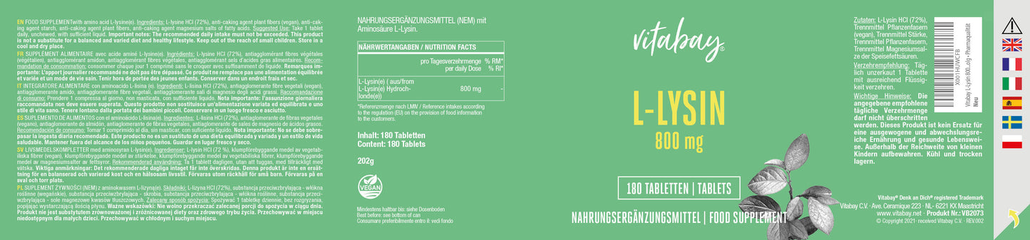 L-Lysin 800mg - 180 vegane Tabletten
