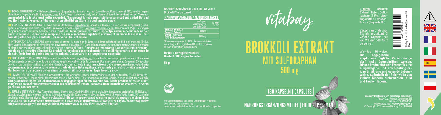 Brokkoli Extrakt mit Sulforaphan 500 mg - 180 vegane Kapseln