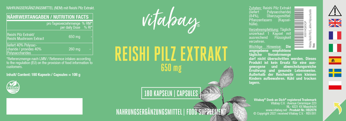 Vitabay Reishi Pilz Extrakt 650 mg 180 vegane Kapseln