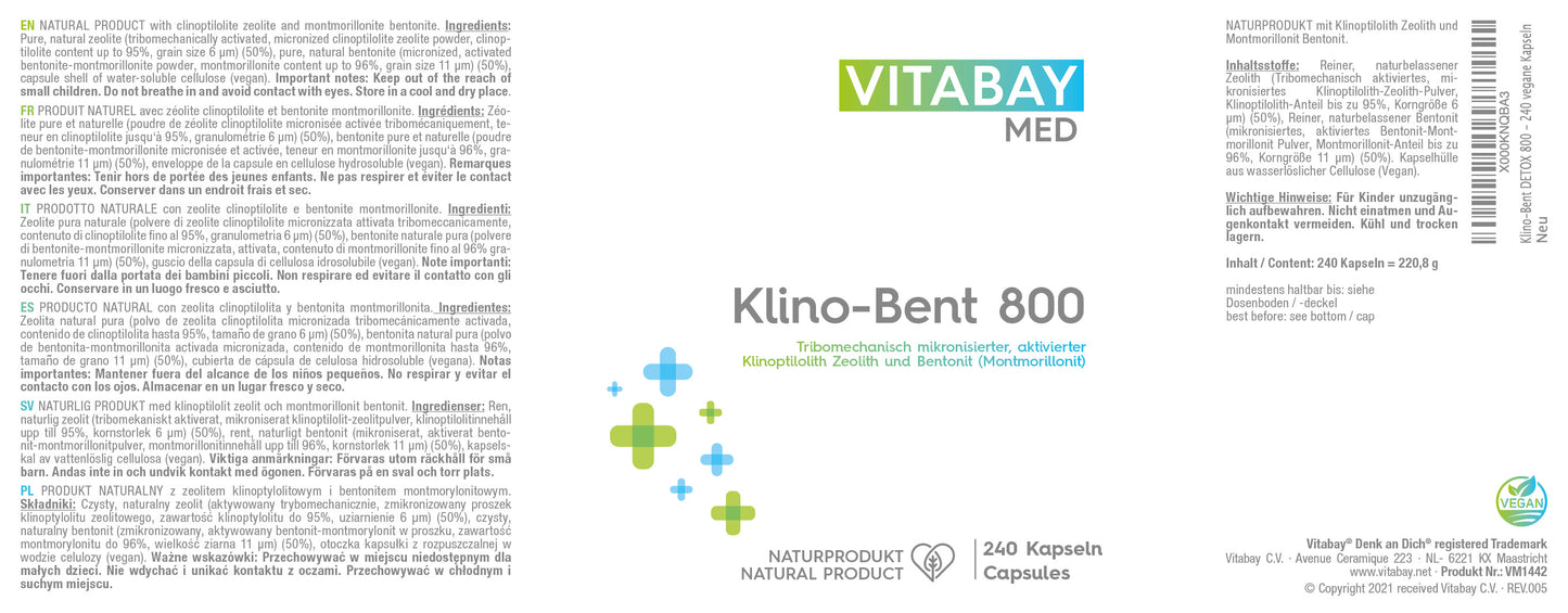 Klino-Bent 800 - Klinoptilolith Zeolith / Bentonit (Montmorillonit) - 240 Vegane Kapseln