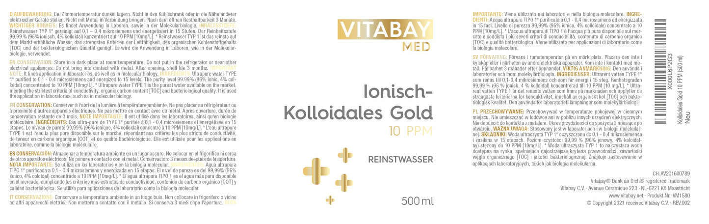 Kolloidales Gold 10 PPM - Reinheitsstufe 99,99% - 500 ml