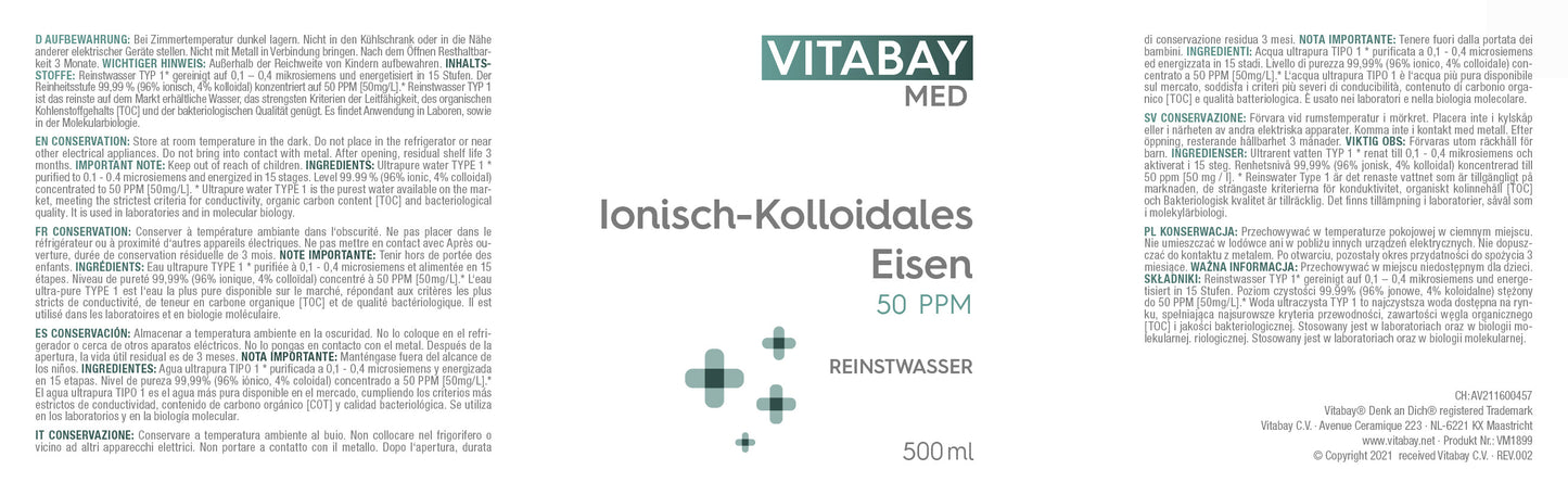 Kolloidales Eisen 50 PPM - Reinheitsstufe 99,99% - 500 ml